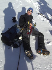 Relaxing in the sun during our descent from Mont Blanc
